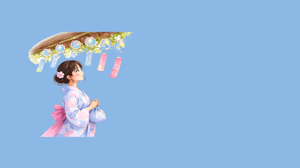 和風背景素材|縁側の風鈴と浴衣の少女01(7点・6000px・軽量版・商用利用可)