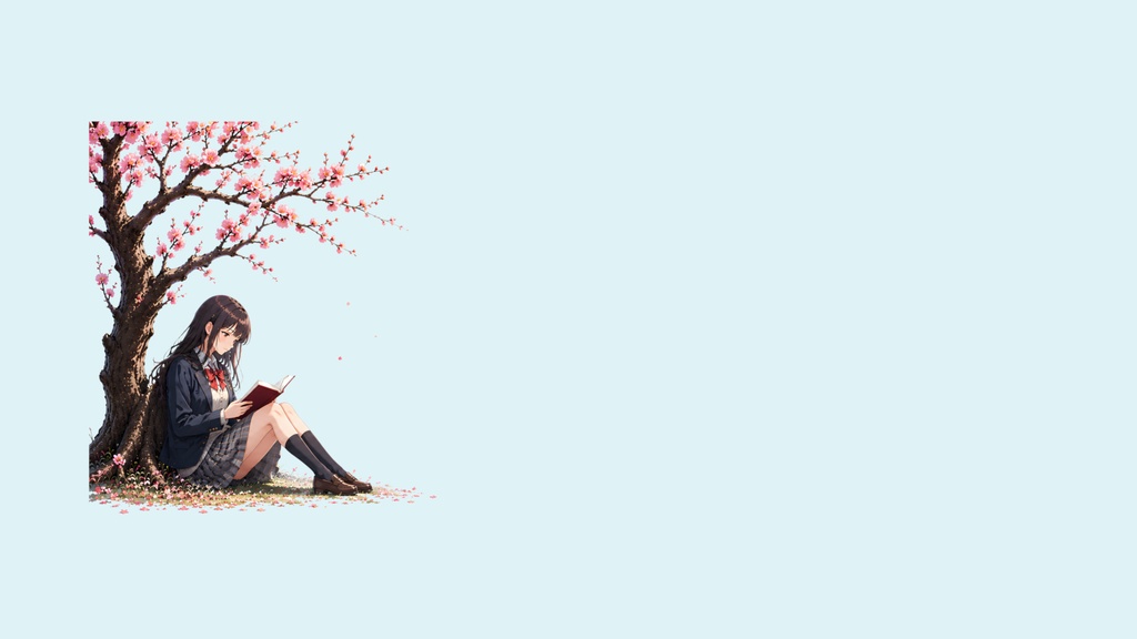 和風背景素材|梅の木の下で読書をする少女02(6点・6000px・軽量版・商用利用可)
