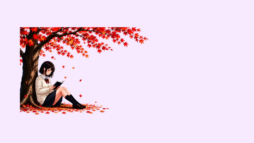 和風イラスト素材|紅葉の木の下で読書する少女02(6色セット・6000px・JPEG・商用利用可)