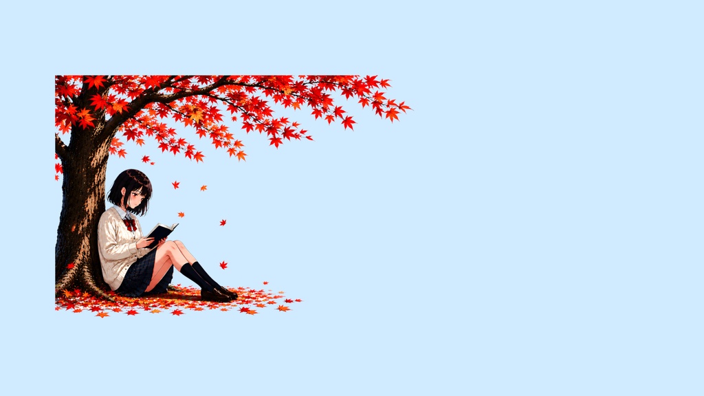 和風イラスト素材|紅葉の木の下で読書する少女02(6色セット・6000px・JPEG・商用利用可)