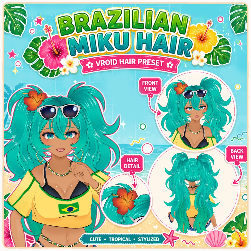 🏝️ Brazilian Miku Hair ♡ Twin Tails Tropical Style 【VRoid Hair】 ✨ ミク風ヘア