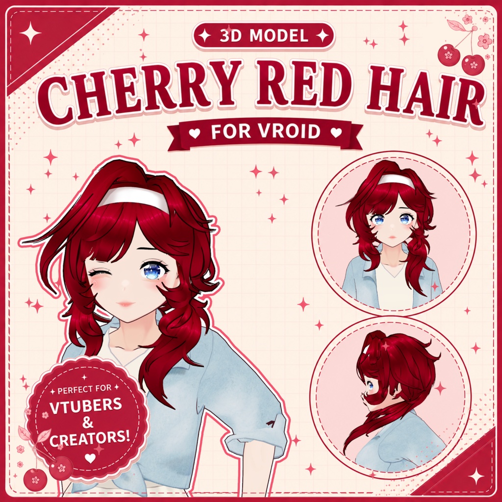 🍒 Cherry Red Hair ♡ Side Ponytail Preset 【VRoid Hair】 ❤️ 赤髪ヘア