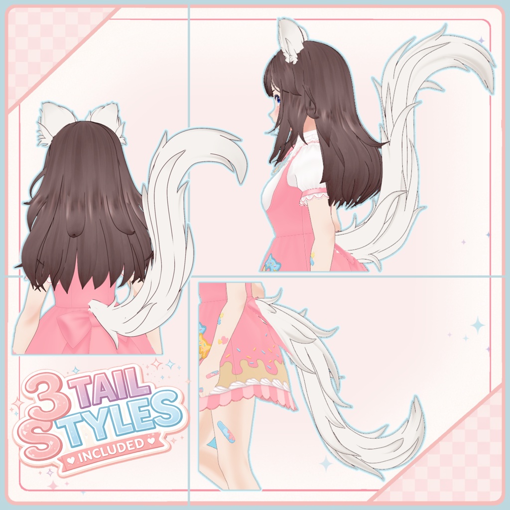 🐈 Fluffy Cat Ears + Tail Set ♡ White & Black 【VRoid Accessory】 ✨ 猫耳・猫しっぽ