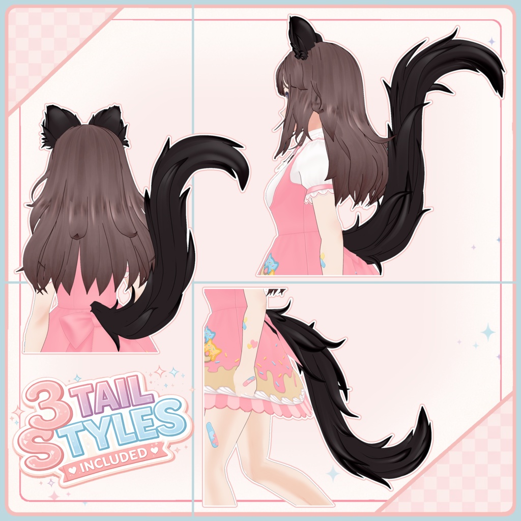 🐈 Fluffy Cat Ears + Tail Set ♡ White & Black 【VRoid Accessory】 ✨ 猫耳・猫しっぽ