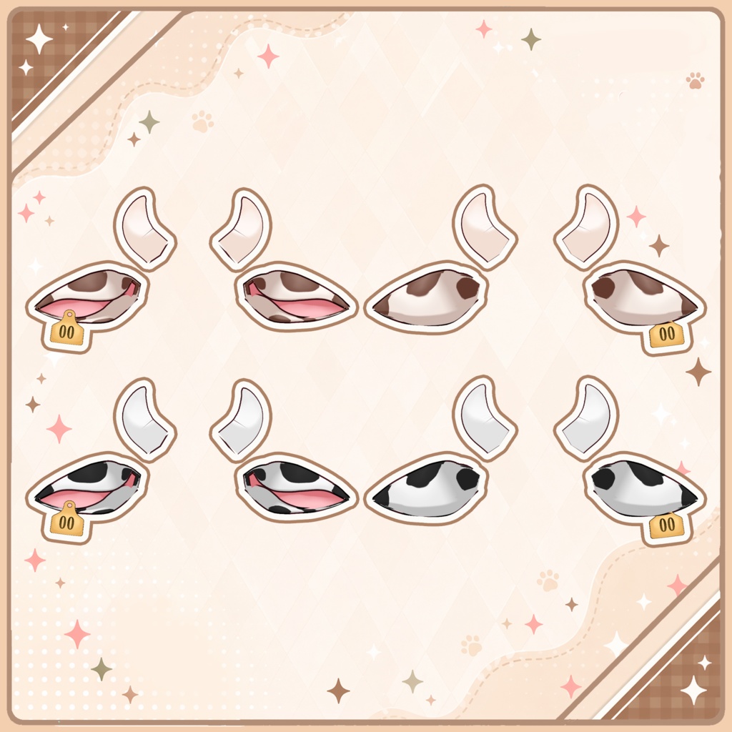 🐄 Cow Ears & Horns ♡ White & Brown Set 【VRoid Accessory】 🍼 牛耳・角