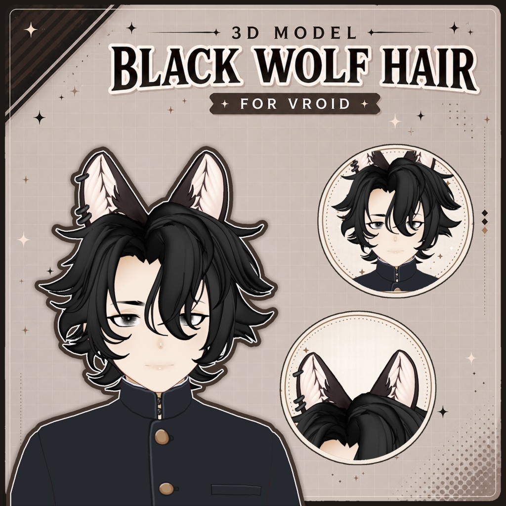 🖤 Fluffy Short Black Hair ♡ Soft & Natural Style ✨ 【VRoid Hair】ヘアプリセット + Wolf Ears 🐺 Clean & Customizable