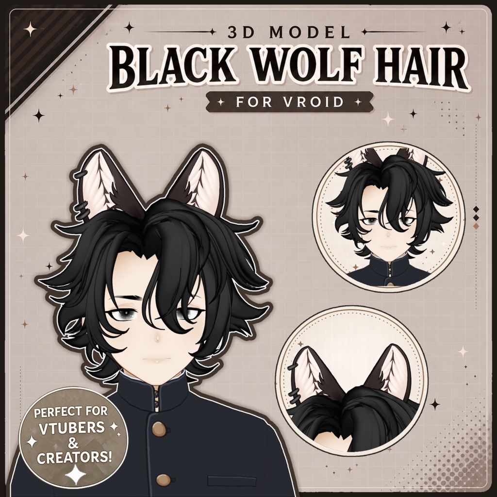 🖤 Fluffy Short Black Hair ♡ Soft & Natural Style ✨ 【VRoid Hair】ヘアプリセット + Wolf Ears 🐺 Clean & Customizable