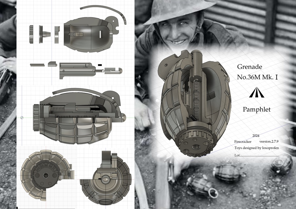 【 3D STL 】Grenade No.36M Mk.1 “Mills Bomb” Firecracer Video Available