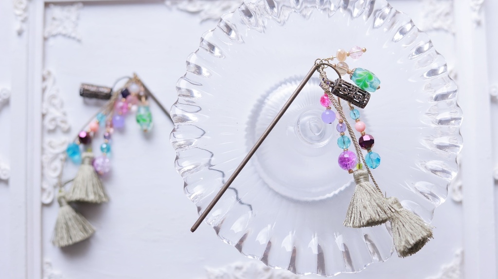 紫緑の房チャイナかんざし