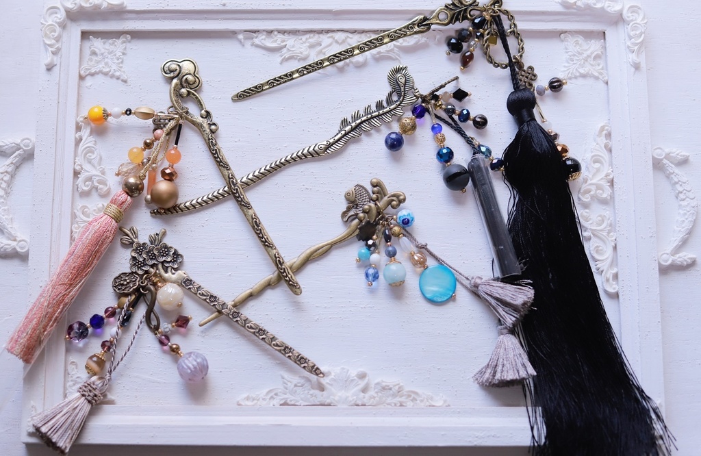 変わり軸かんざし(長尾羽・黒青鳳凰・薫・朝焼けの雲・初夏の海)