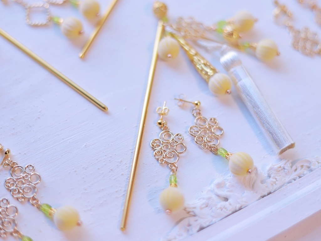 鈴なり柚子の黄金かんざし&イヤリング&ピアス