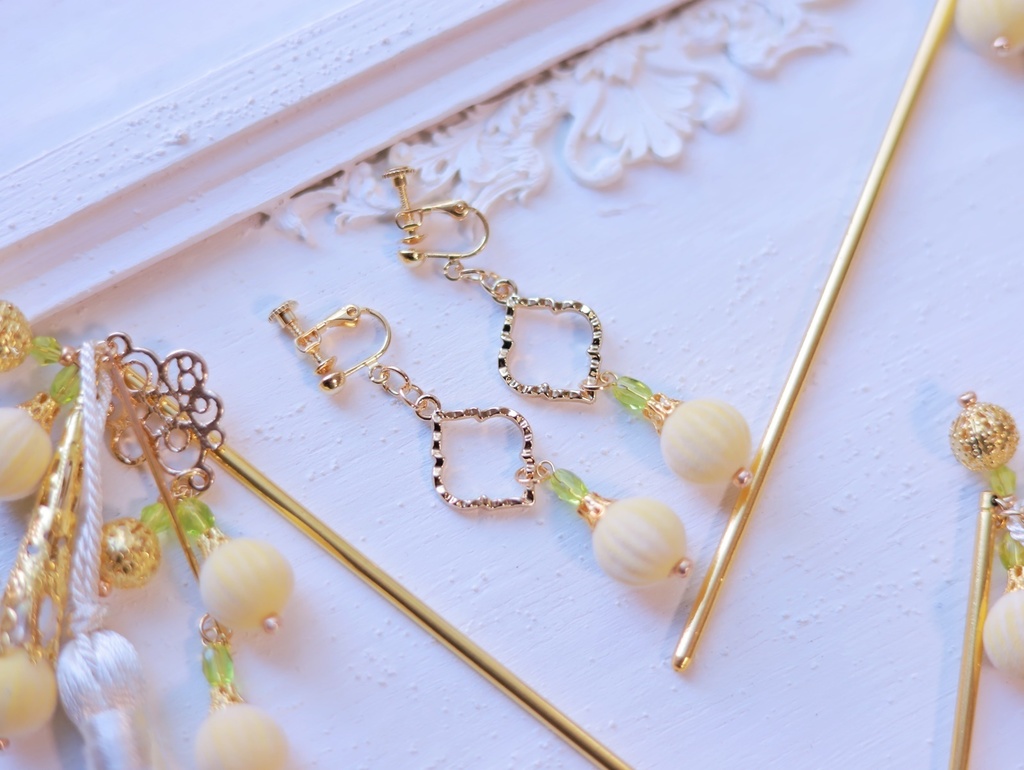 鈴なり柚子の黄金かんざし&イヤリング&ピアス