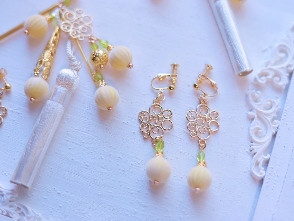 鈴なり柚子の黄金かんざし&イヤリング&ピアス