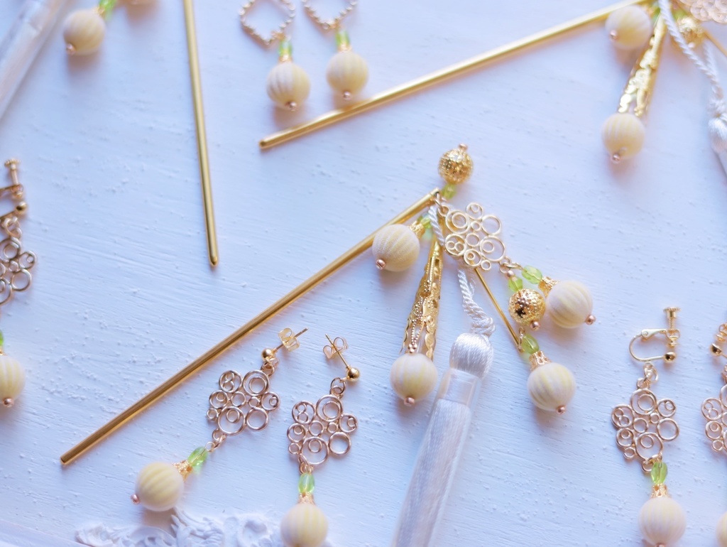 鈴なり柚子の黄金かんざし&イヤリング&ピアス