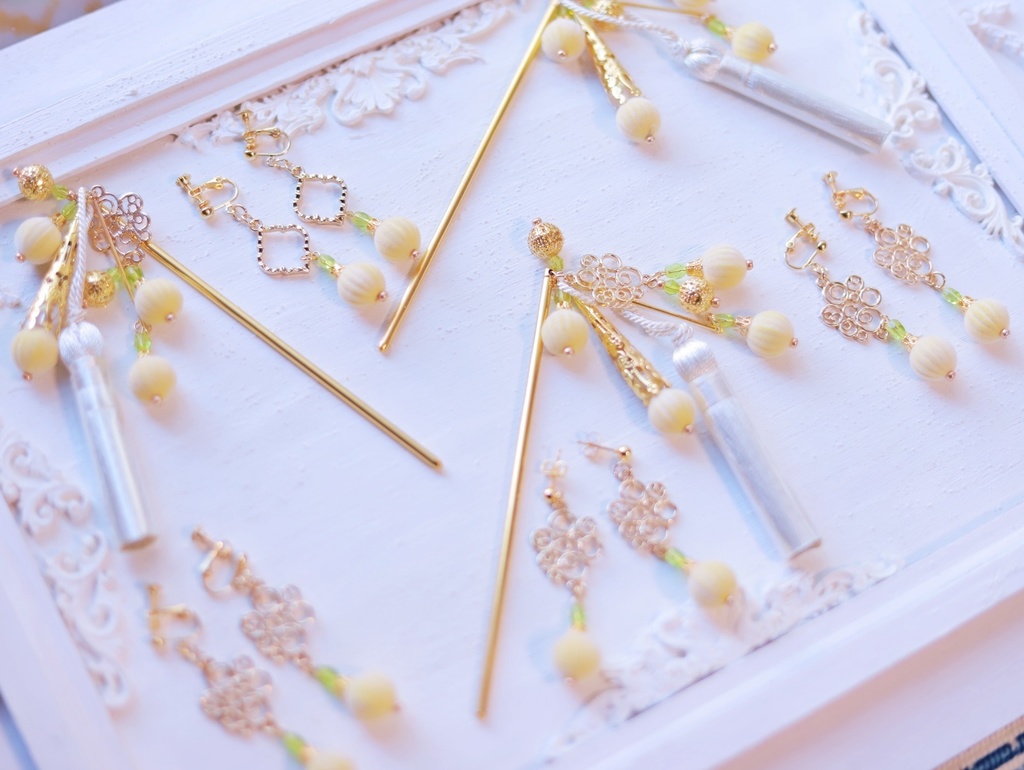 鈴なり柚子の黄金かんざし&イヤリング&ピアス