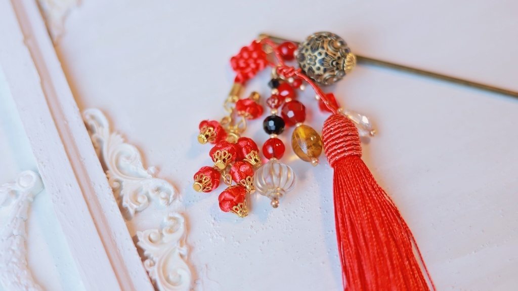 中華5色のタッセルかんざし&タッセルイヤーフック