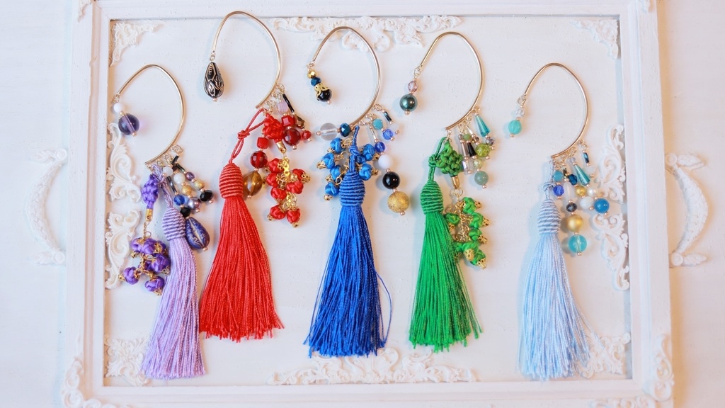 中華5色のタッセルかんざし&タッセルイヤーフック