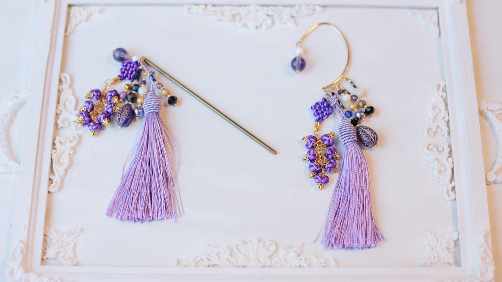 中華5色のタッセルかんざし&タッセルイヤーフック