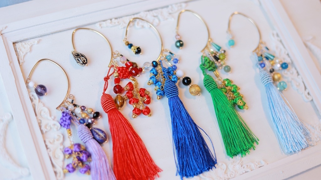 中華5色のタッセルかんざし&タッセルイヤーフック
