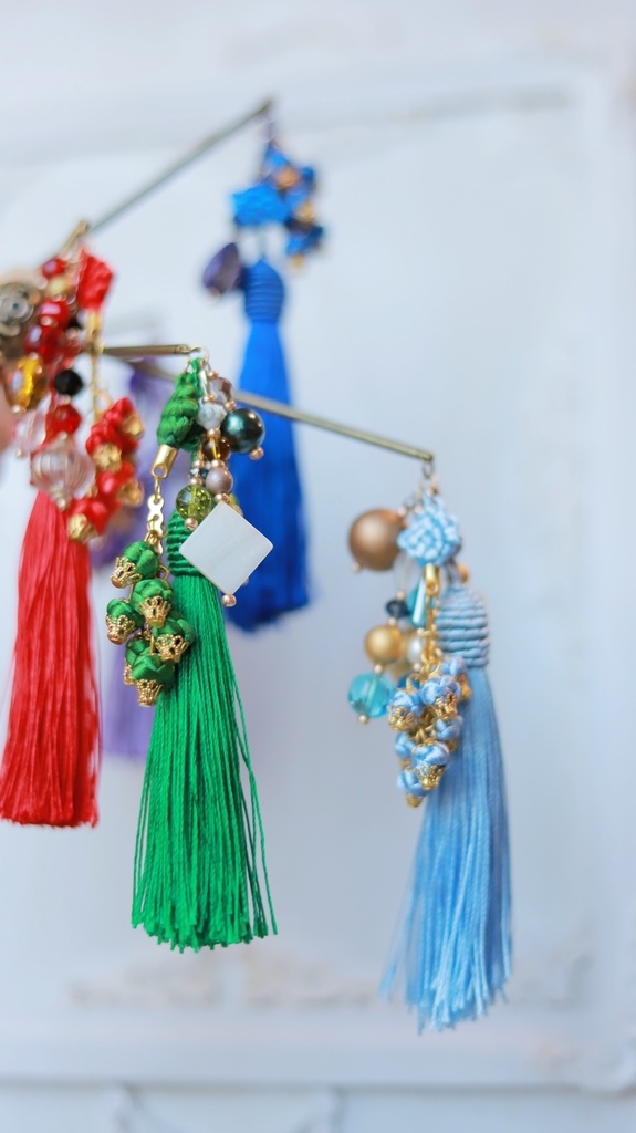 中華5色のタッセルかんざし&タッセルイヤーフック