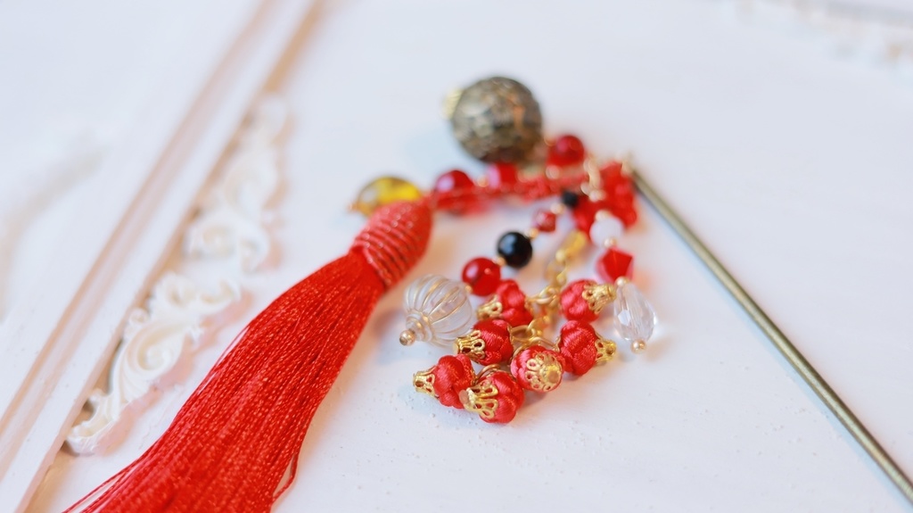 中華5色のタッセルかんざし&タッセルイヤーフック