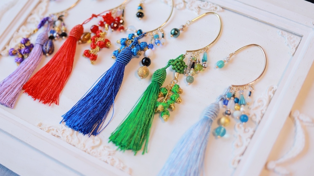 中華5色のタッセルかんざし&タッセルイヤーフック