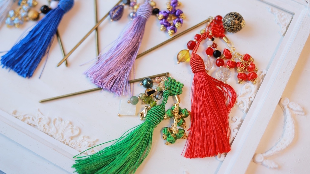 中華5色のタッセルかんざし&タッセルイヤーフック
