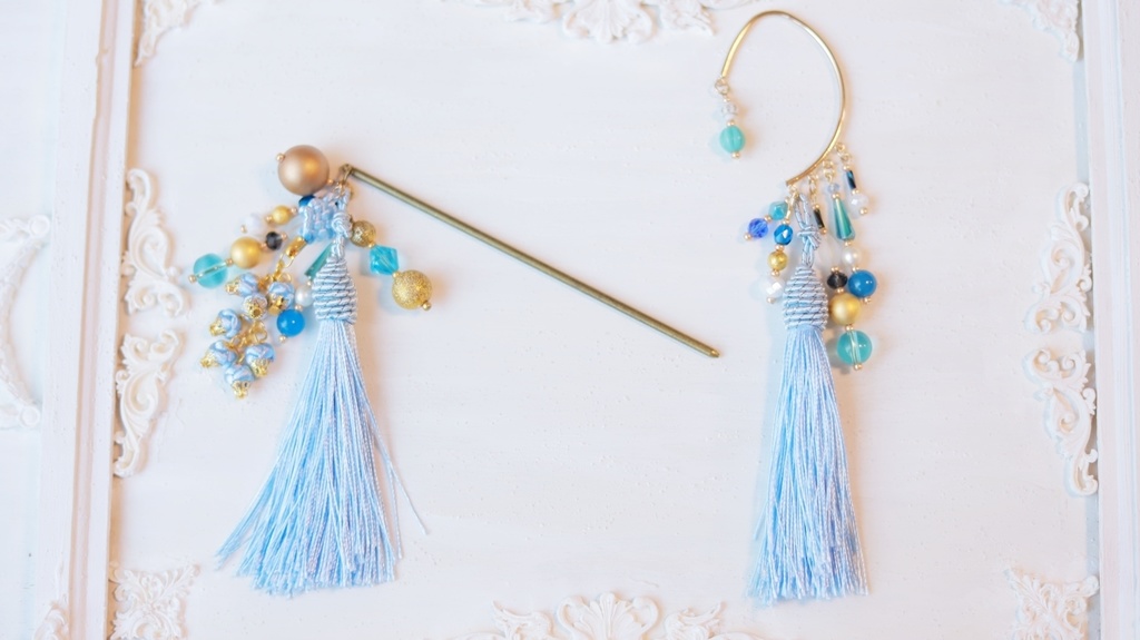 中華5色のタッセルかんざし&タッセルイヤーフック