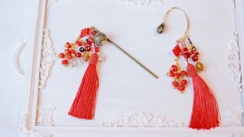 中華5色のタッセルかんざし&タッセルイヤーフック