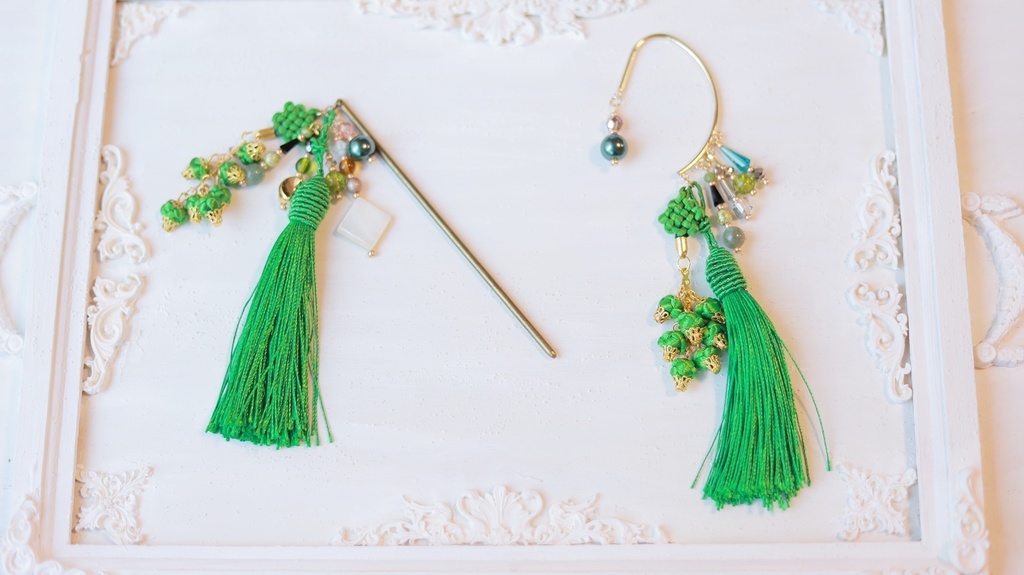 中華5色のタッセルかんざし&タッセルイヤーフック