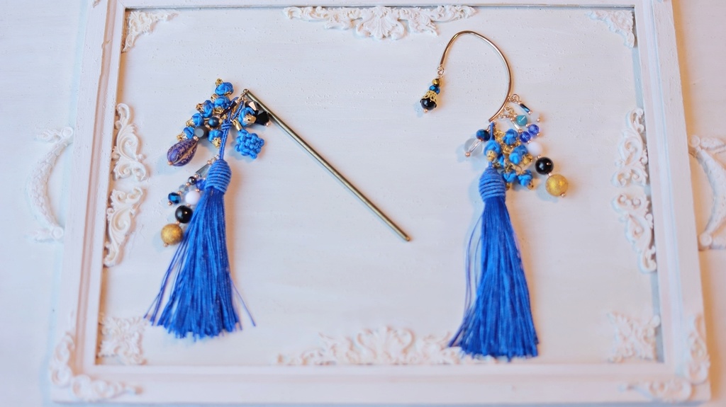 中華5色のタッセルかんざし&タッセルイヤーフック