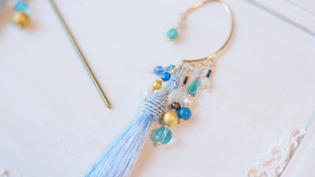 中華5色のタッセルかんざし&タッセルイヤーフック