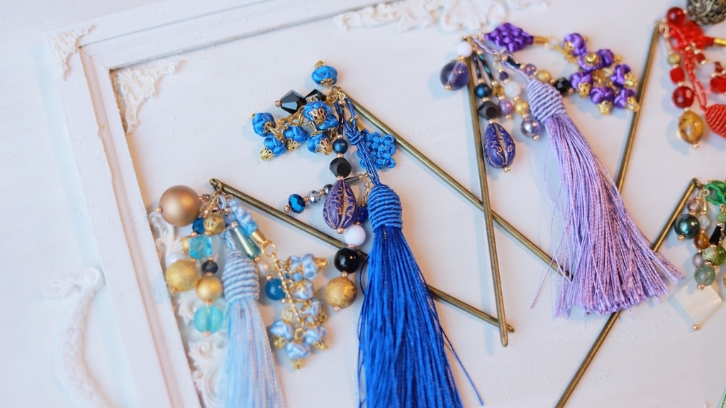 中華5色のタッセルかんざし&タッセルイヤーフック