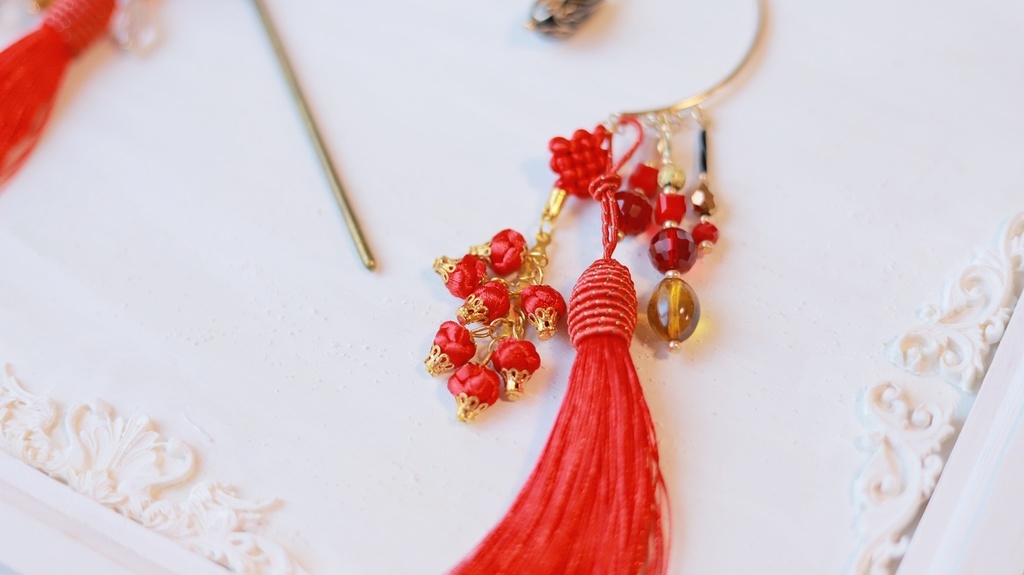 中華5色のタッセルかんざし&タッセルイヤーフック