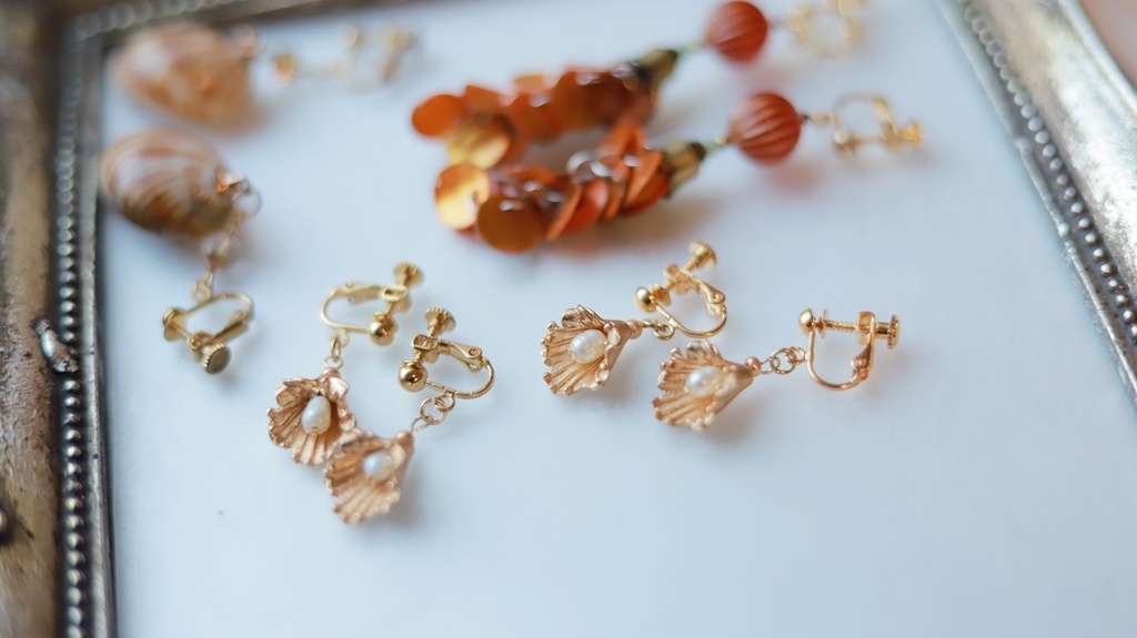 貝と真珠のイヤリング(3種)