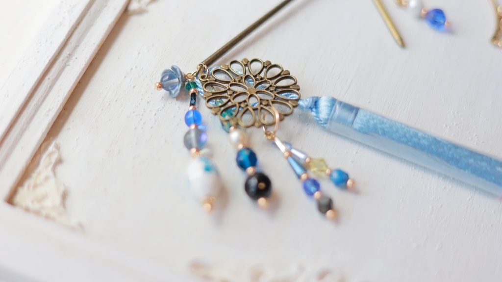 ヤグルマギクのかんざし&イヤーフック【紫・水色】