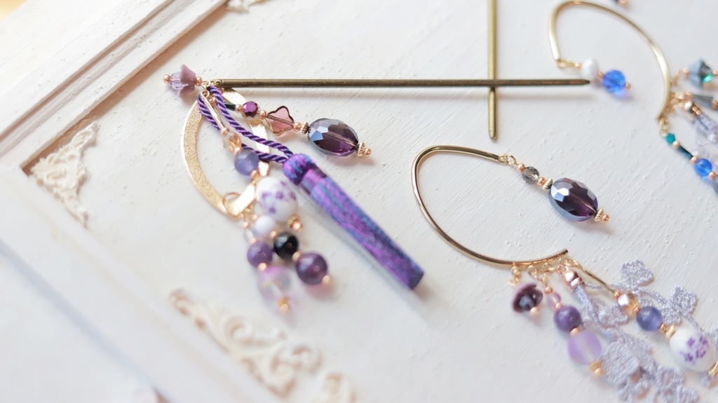 ヤグルマギクのかんざし&イヤーフック【紫・水色】