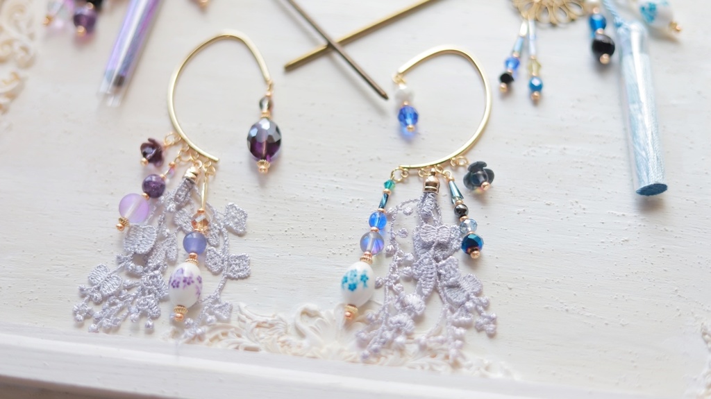 ヤグルマギクのかんざし&イヤーフック【紫・水色】