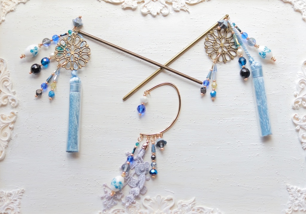 ヤグルマギクのかんざし&イヤーフック【紫・水色】