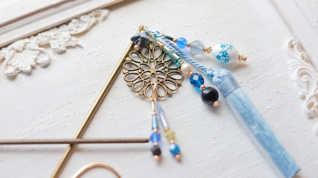 ヤグルマギクのかんざし&イヤーフック【紫・水色】