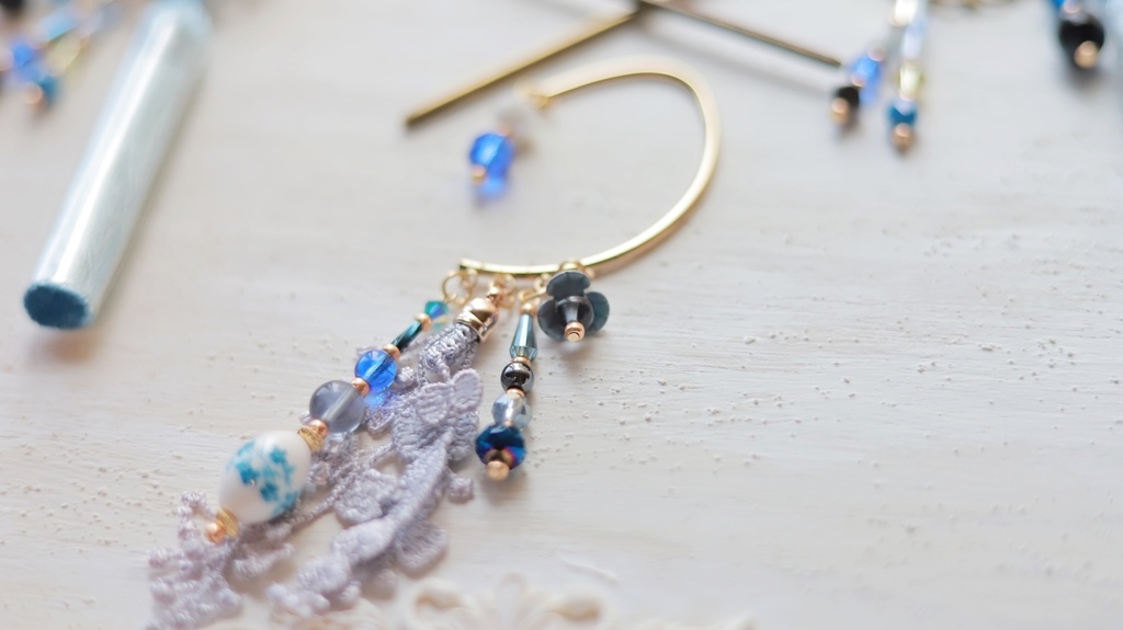 ヤグルマギクのかんざし&イヤーフック【紫・水色】