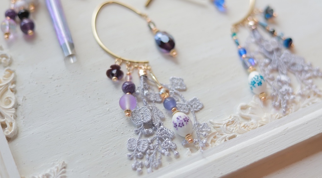 ヤグルマギクのかんざし&イヤーフック【紫・水色】