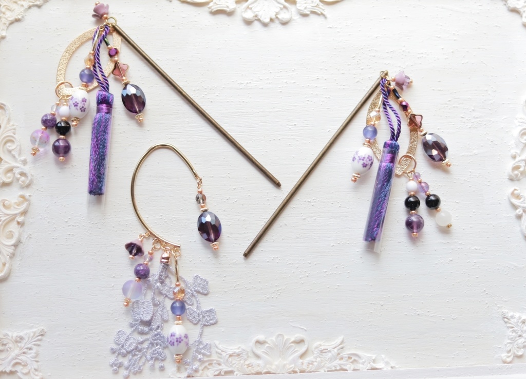 ヤグルマギクのかんざし&イヤーフック【紫・水色】