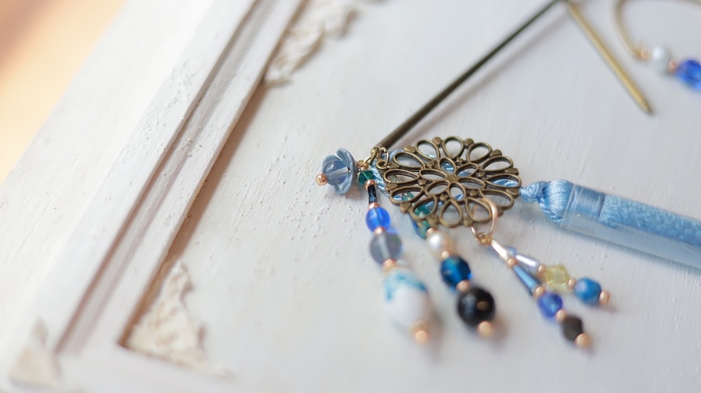 ヤグルマギクのかんざし&イヤーフック【紫・水色】