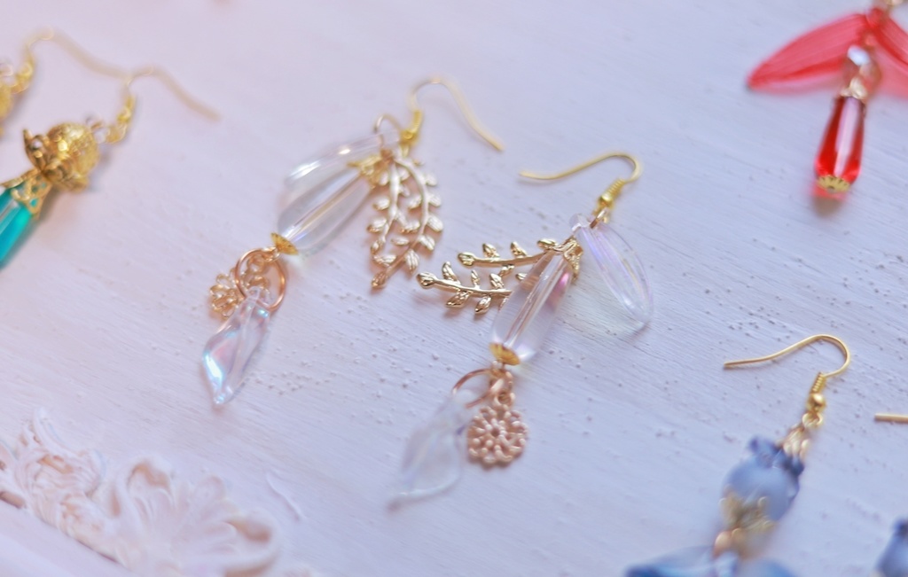 ガラスの中華ピアス5種/緑青/金木犀/彼岸花/オーロラ/紫陽花