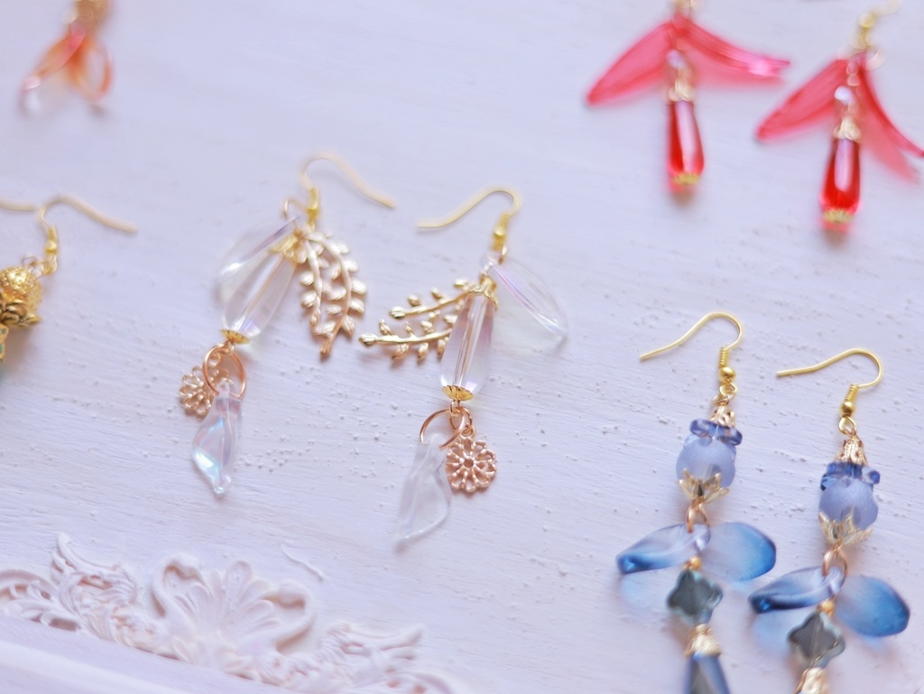 ガラスの中華ピアス5種/緑青/金木犀/彼岸花/オーロラ/紫陽花