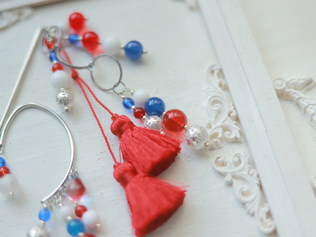 赤×青ぽこぽこかんざし&イヤーフック