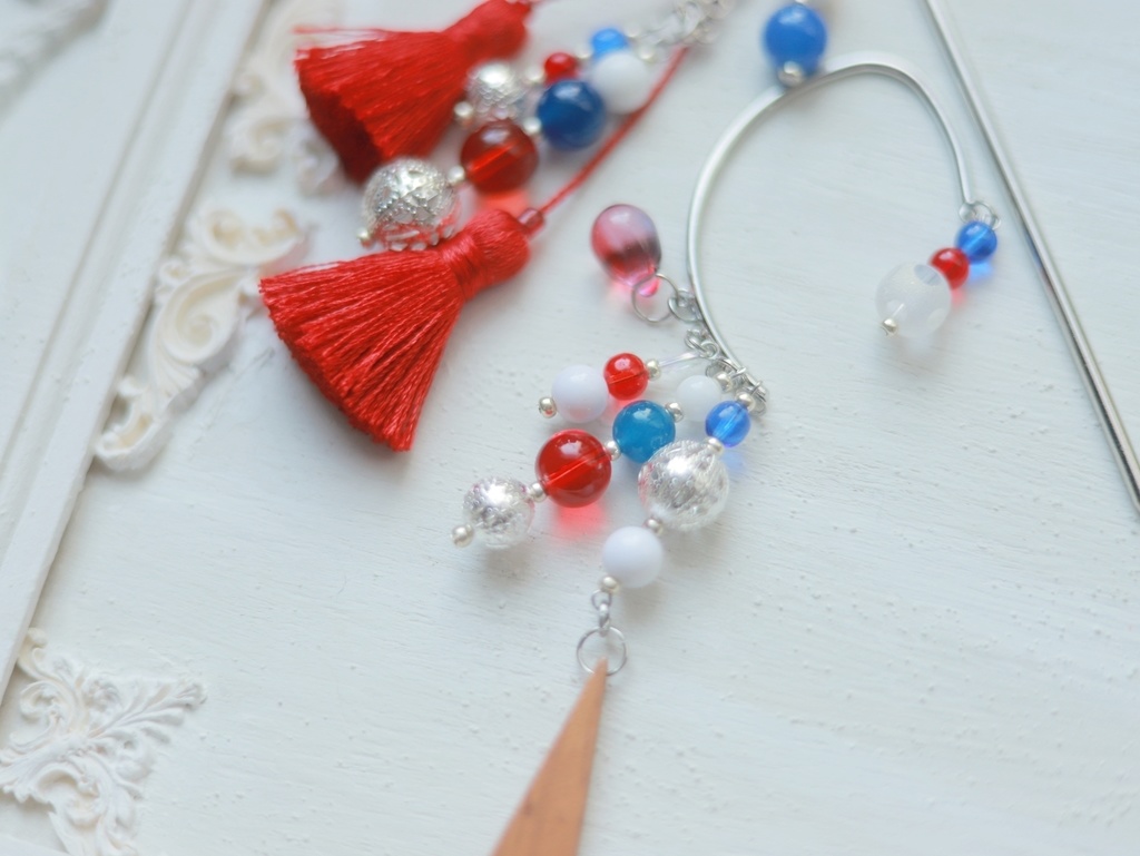 赤×青ぽこぽこかんざし&イヤーフック