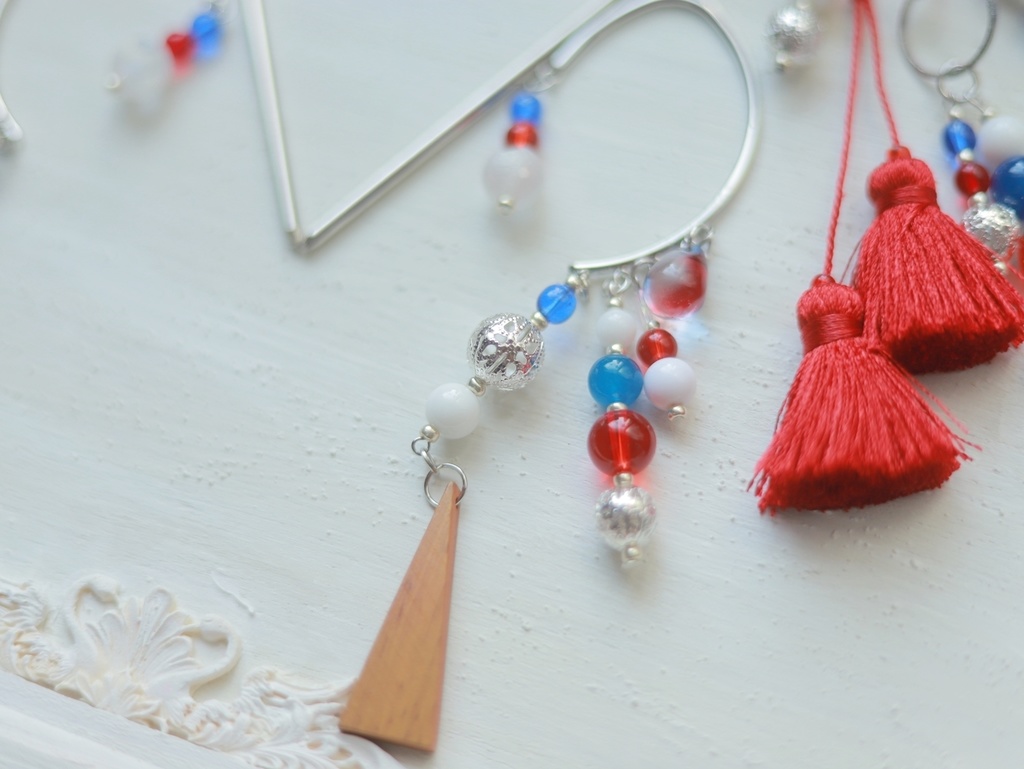赤×青ぽこぽこかんざし&イヤーフック