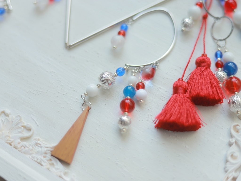 赤×青ぽこぽこかんざし&イヤーフック